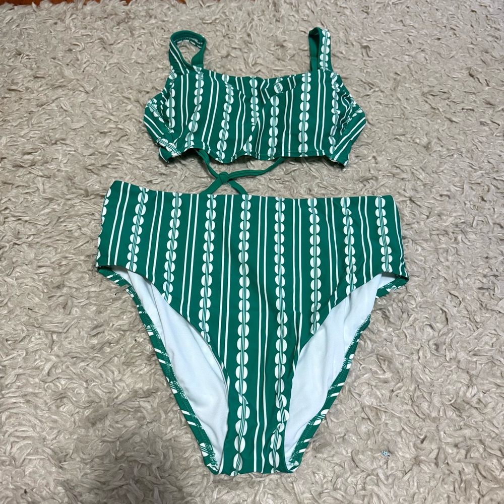 Kona Sol Emerald and White High Waisted Bikini Set